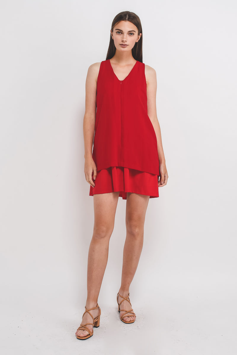 V-Neck Sleeveless Layered Dress With Front Zipper In Red