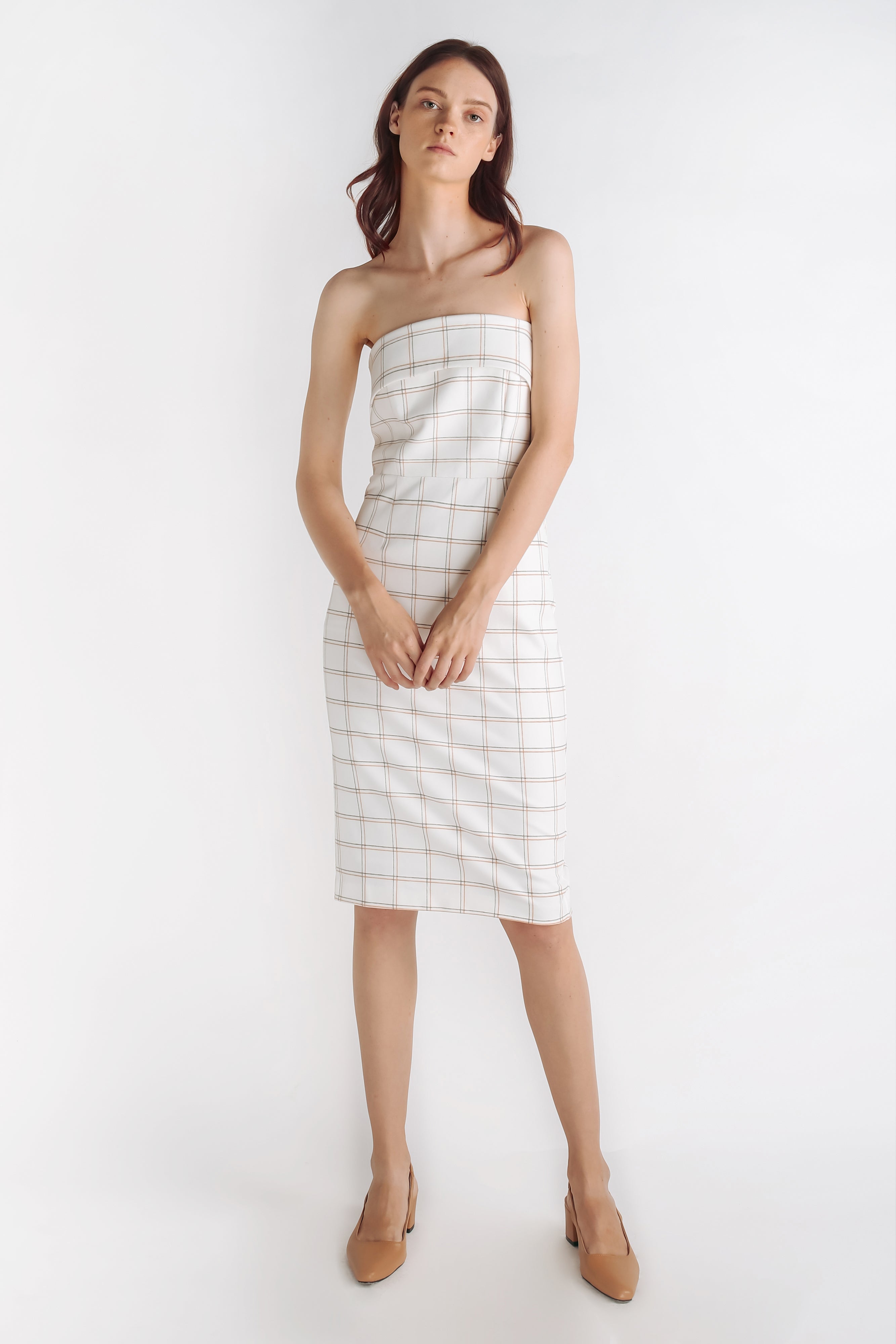 Checkered Tailored Dress With Detachable Straps In White