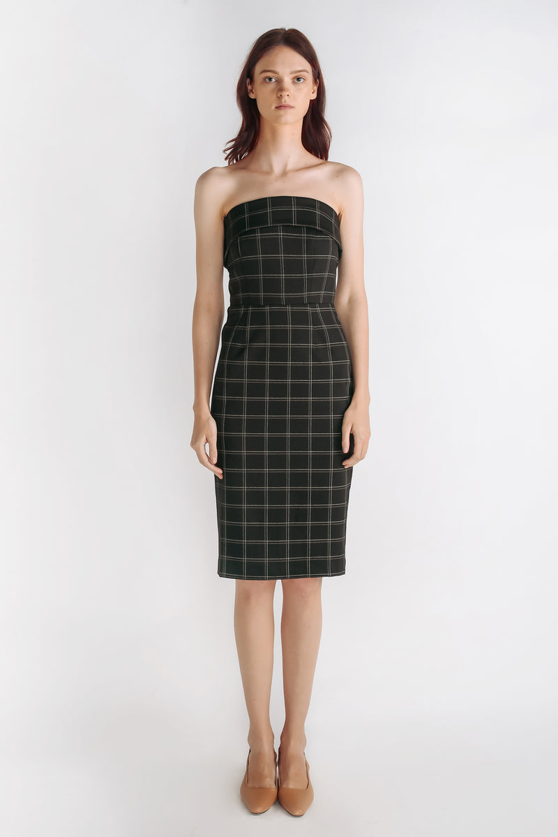 Checkered Tailored Dress With Detachable Straps In Black