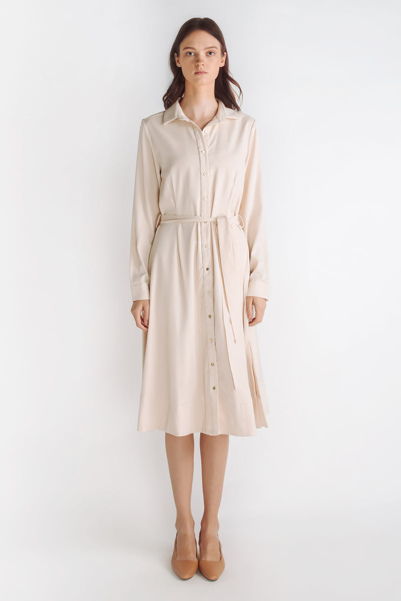 Button Down A-line Dress With Sash In Cream