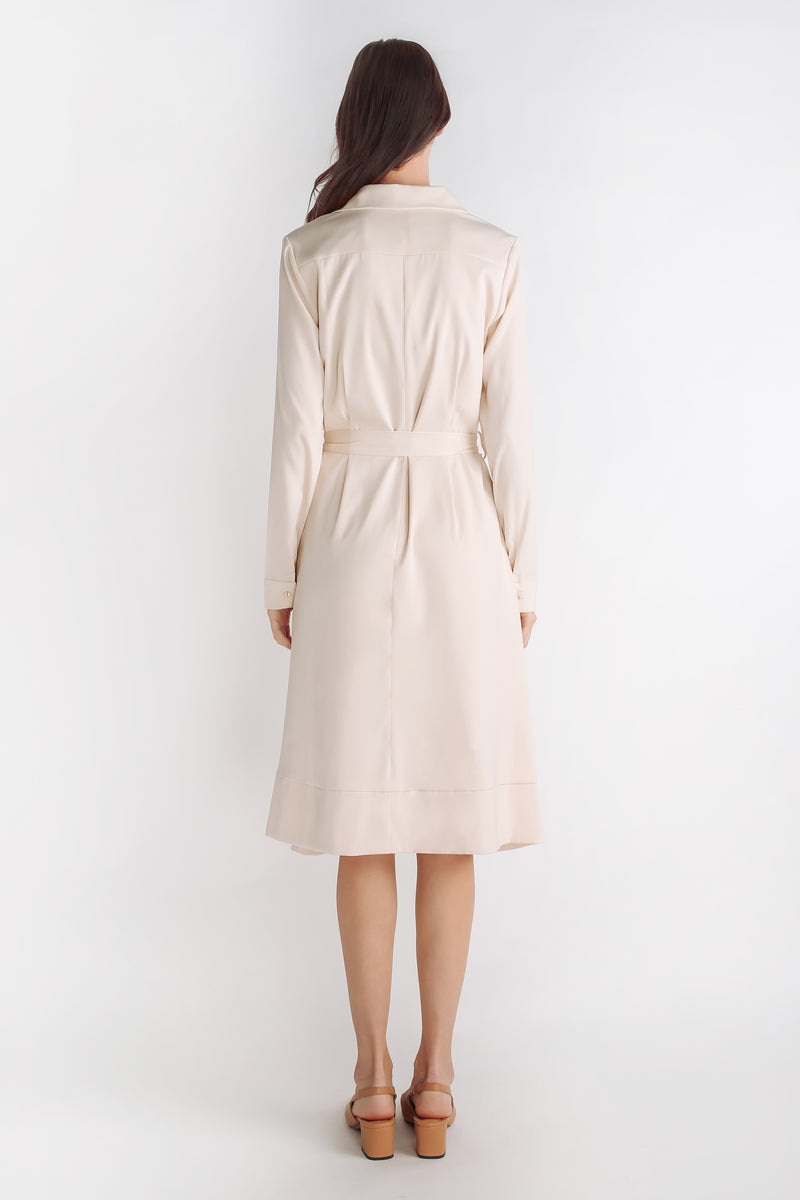 Button Down A-line Dress With Sash In Cream