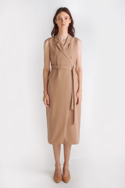 Classic Sleeveless Wrap Dress W Sash In Camel