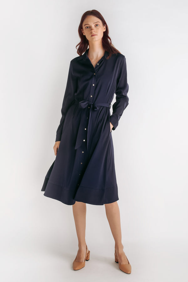Button Down A-line Dress With Sash In Navy Blue