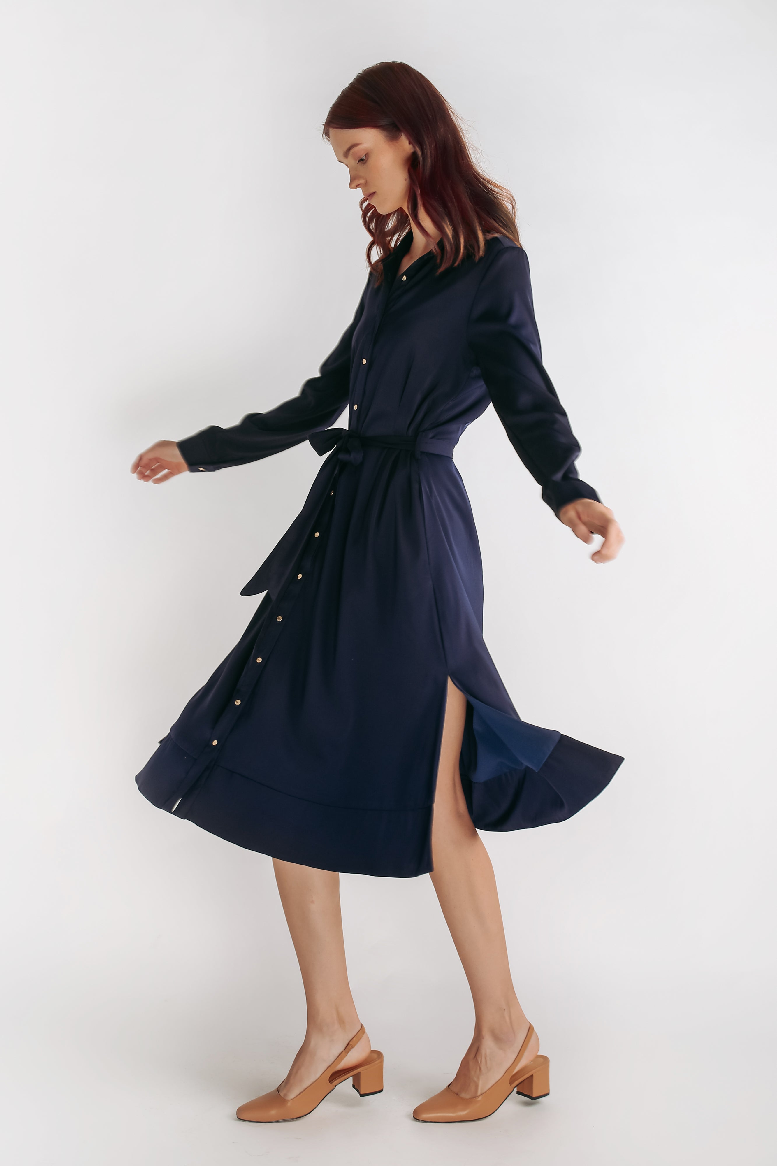 Button Down A-line Dress With Sash In Navy Blue
