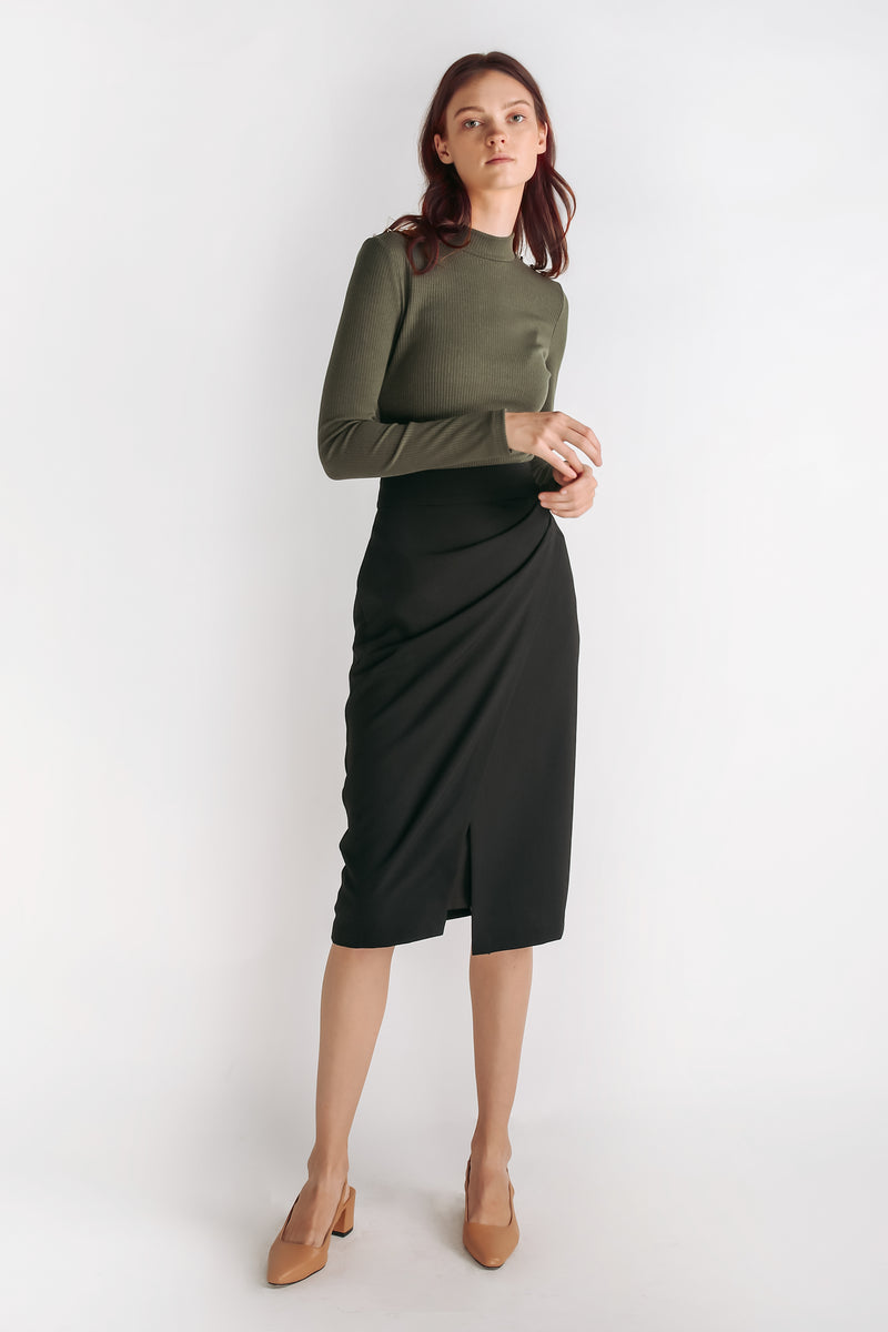 Folded Drape Midi Skirt In Black