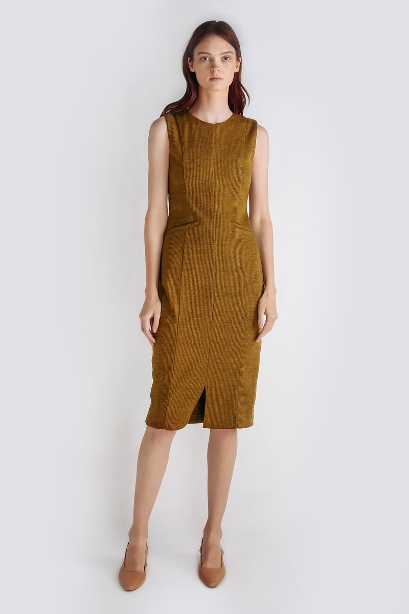 Textured Knit Sleeveless Dress In Mustard