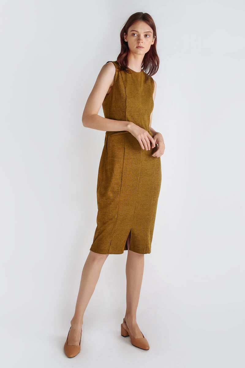Textured Knit Sleeveless Dress In Mustard