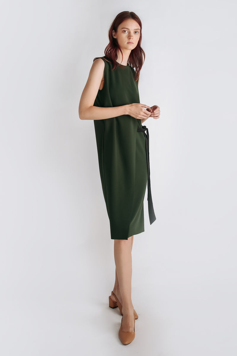 Panel Belted Dress In Forest Green