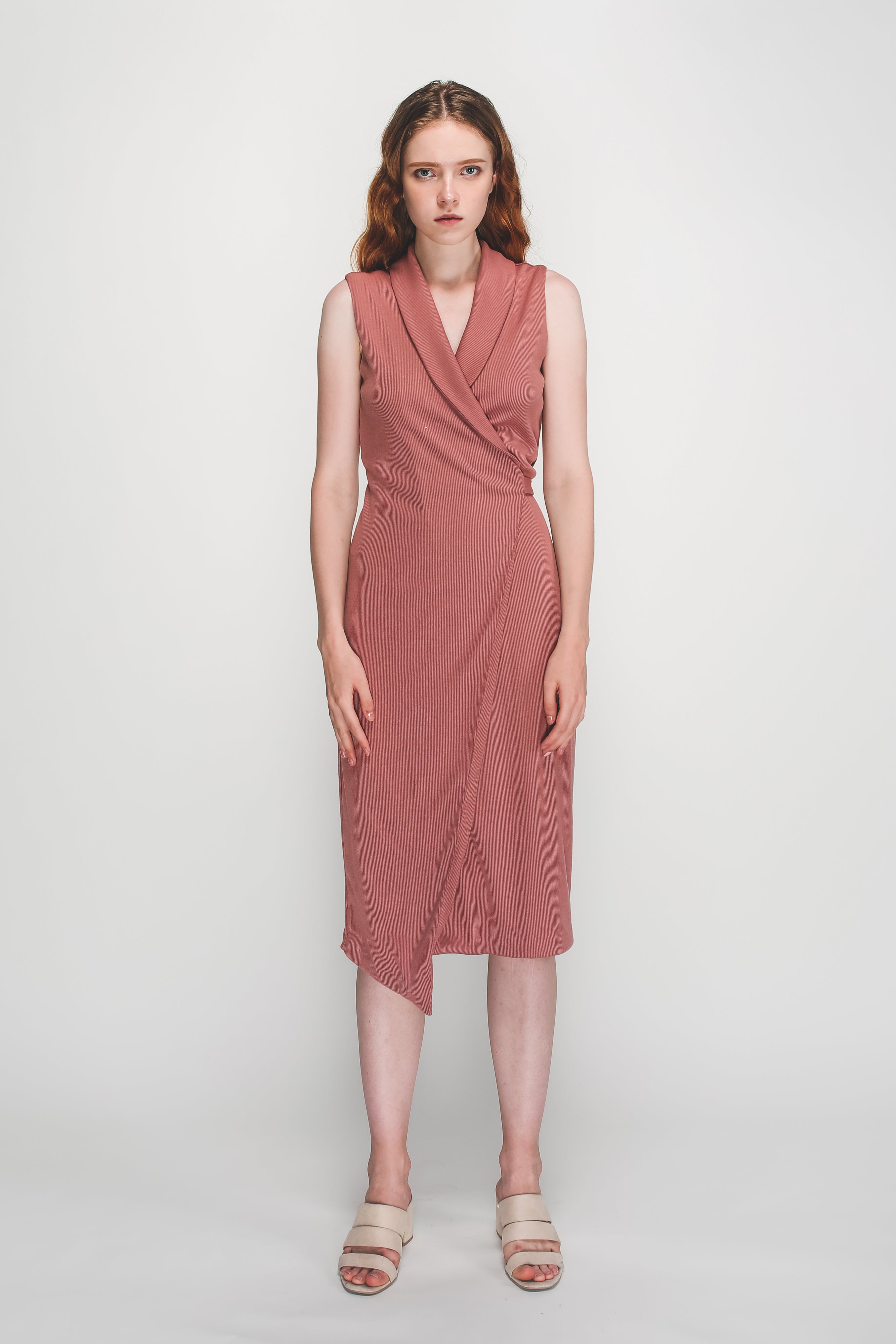 V-Neck Lapel Knitted Wrap Dress In Pink