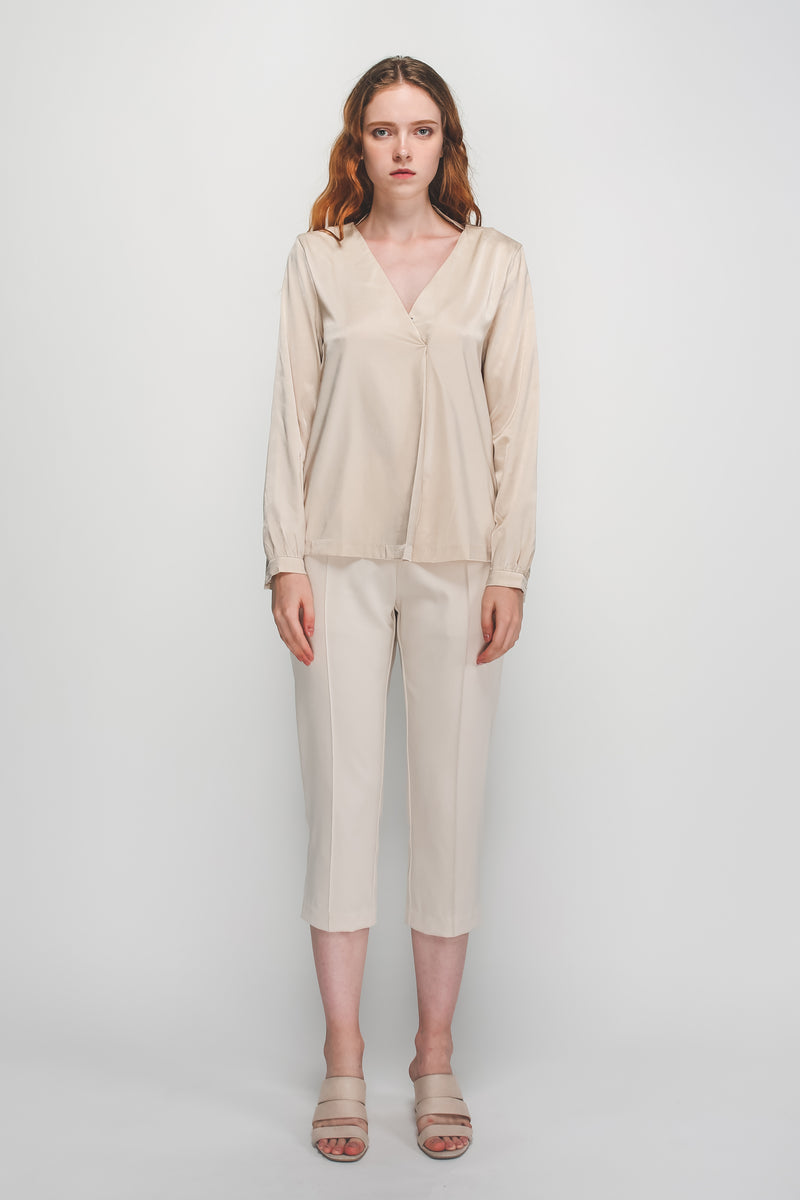 Classic V-neck Blouse In Cream Sheen