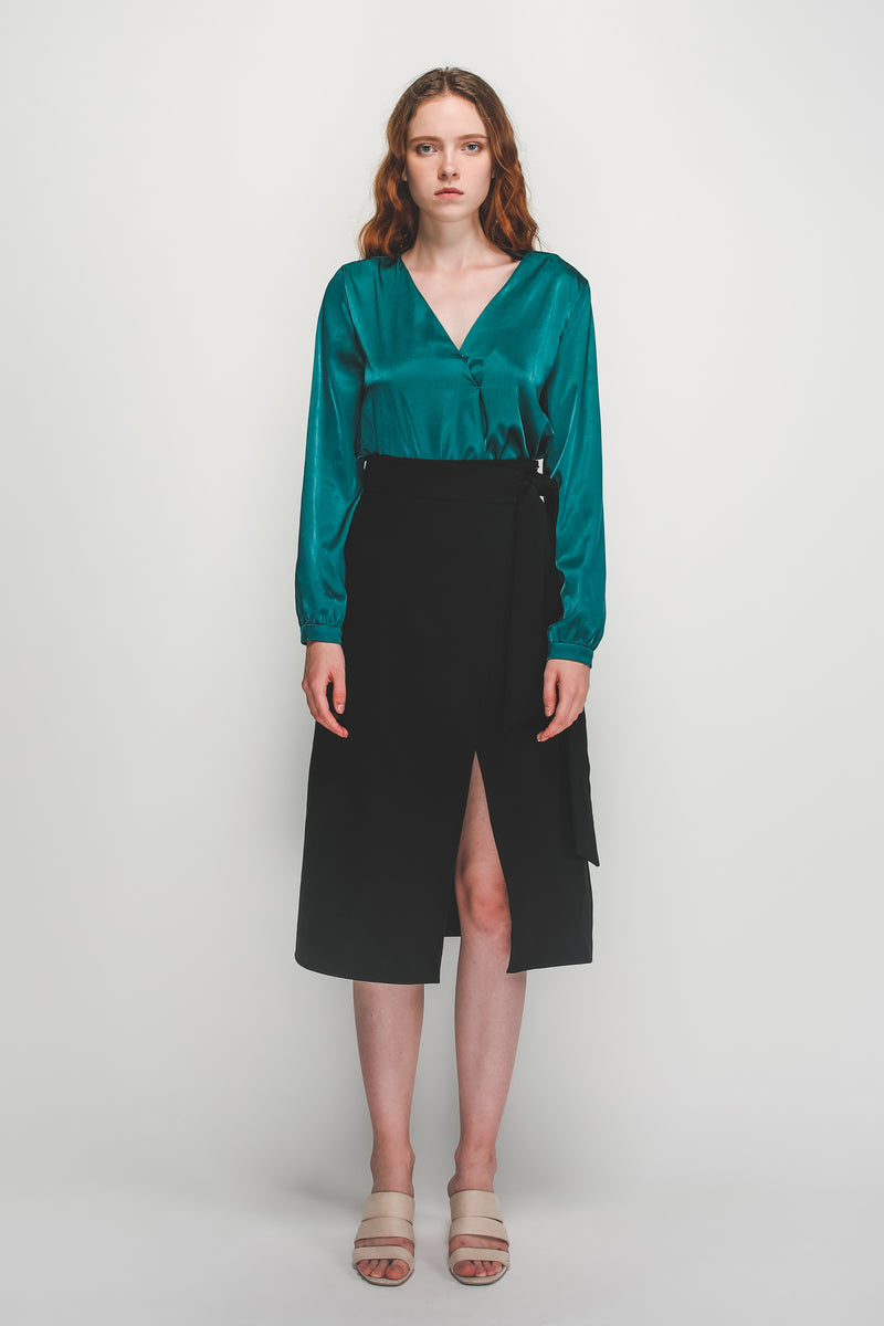 Classic V-Neck Blouse In Teal Sheen