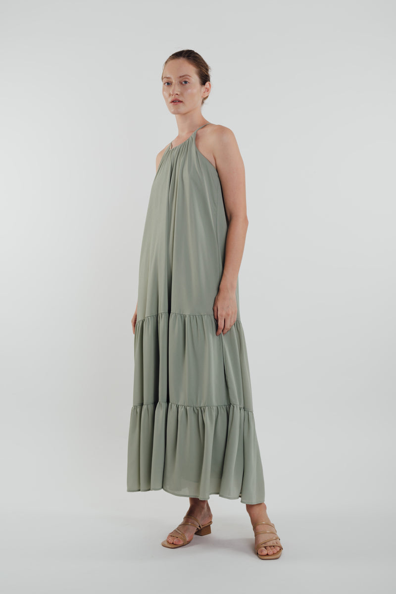 Tiered A-line Maxi Dress in Sage
