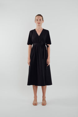 Cotton Midi Wrap Dress in Black