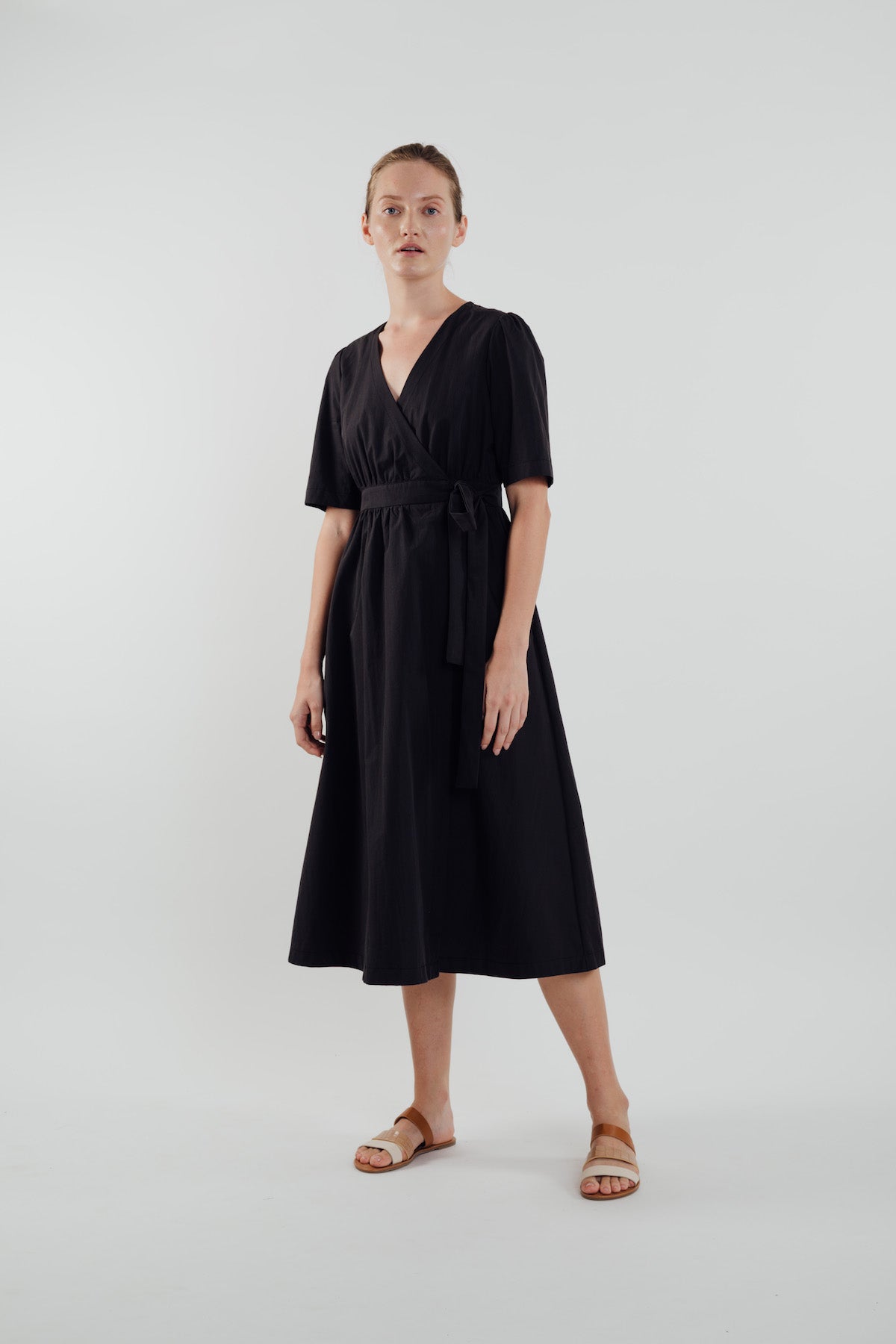 Cotton Midi Wrap Dress in Black