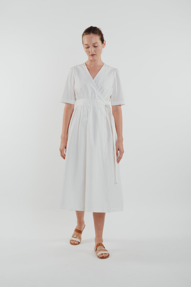 Cotton Midi Wrap Dress in White