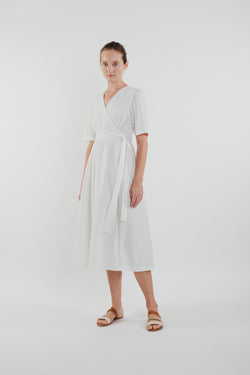 Cotton Midi Wrap Dress in White