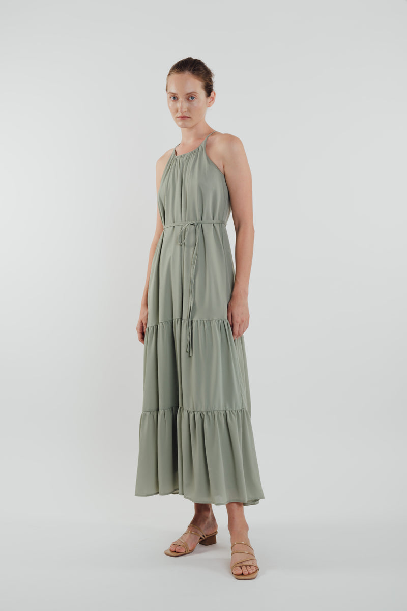 Tiered A-line Maxi Dress in Sage