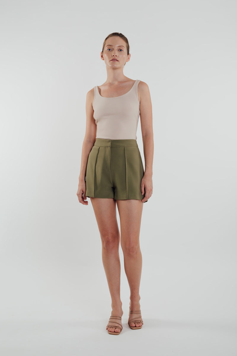 High Waisted Foldlines Shorts in Olive
