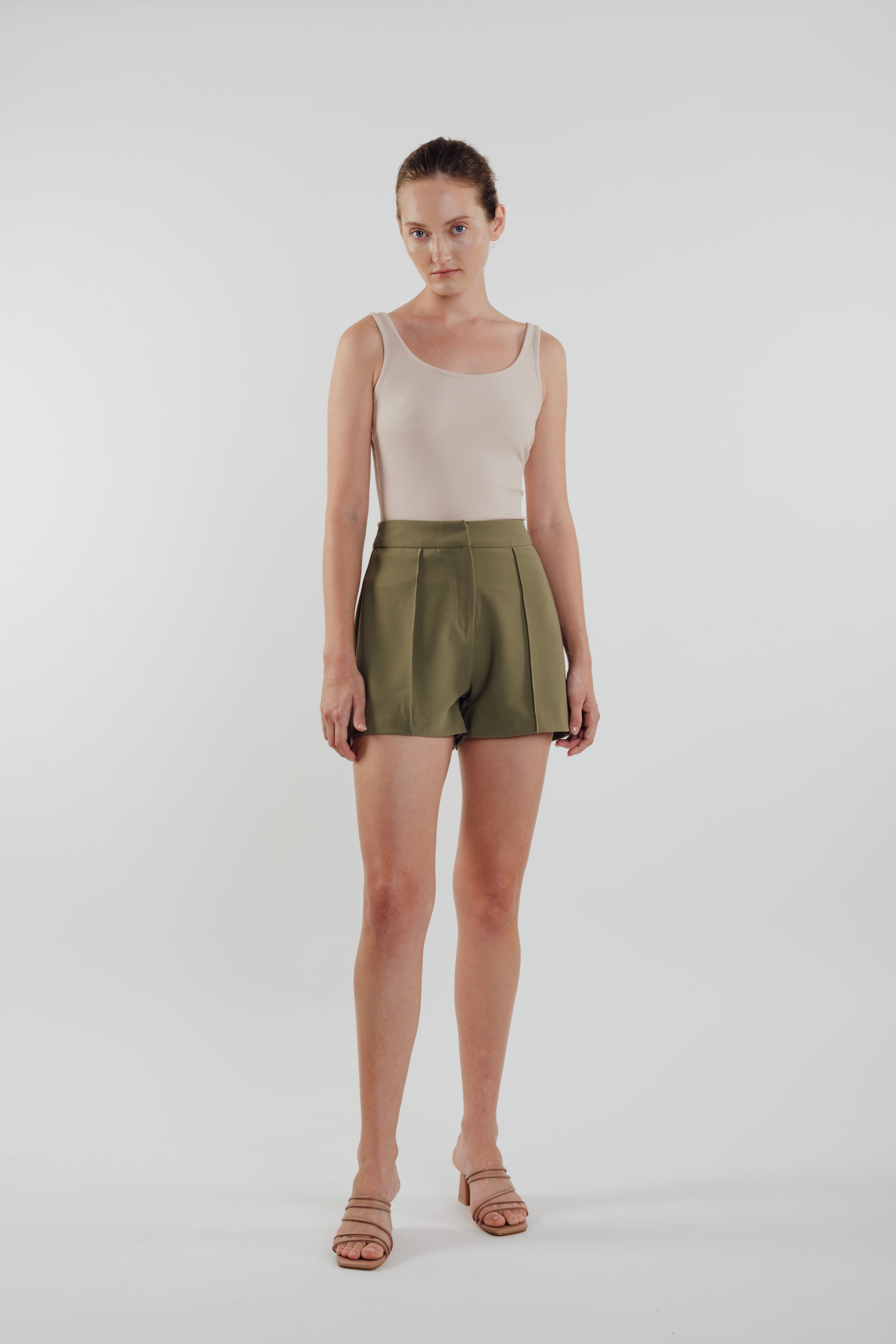 High Waisted Foldlines Shorts in Olive