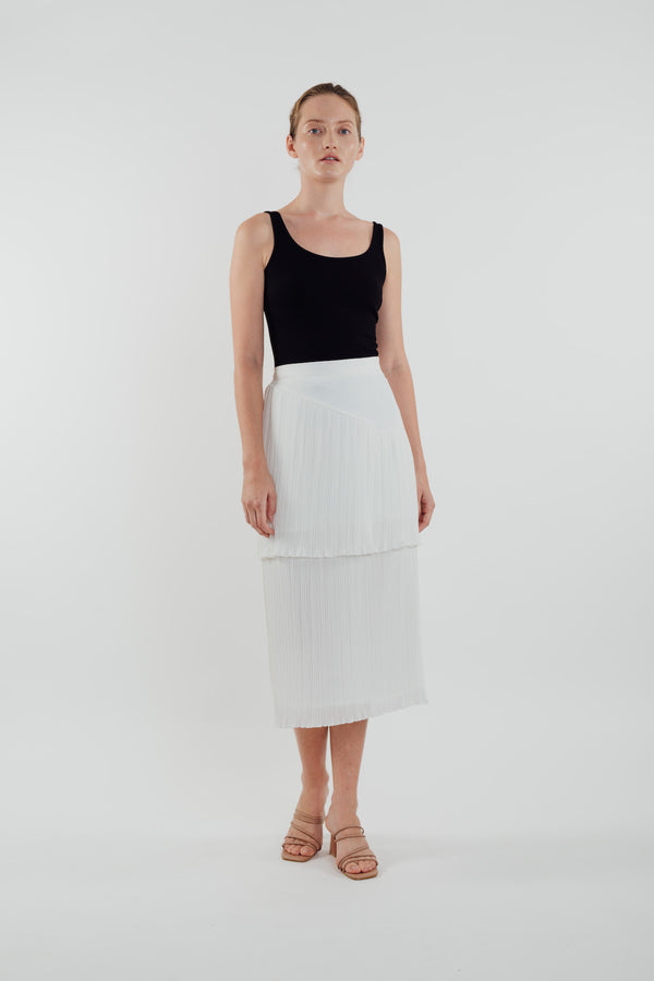 Layered Midi Pleated Skirt in White