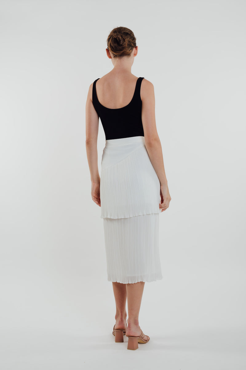 Layered Midi Pleated Skirt in White
