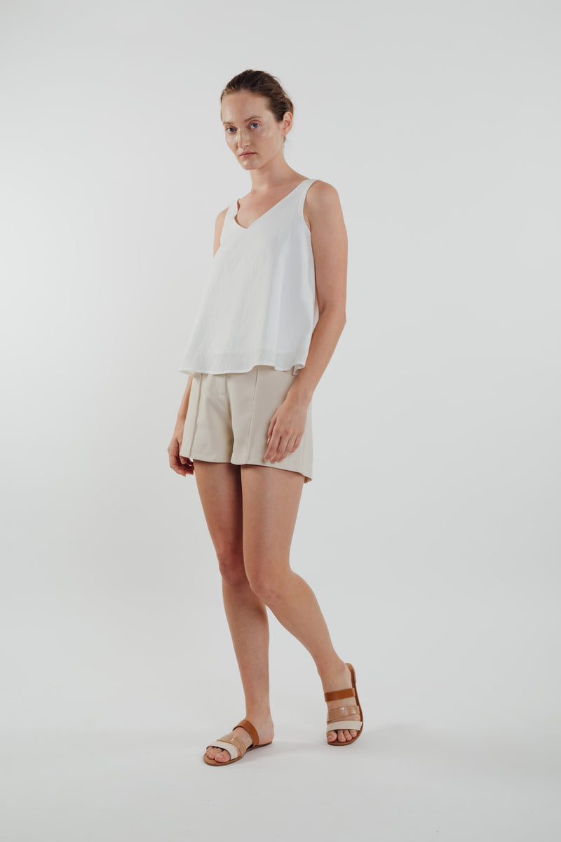 V Neck Flared Top in White