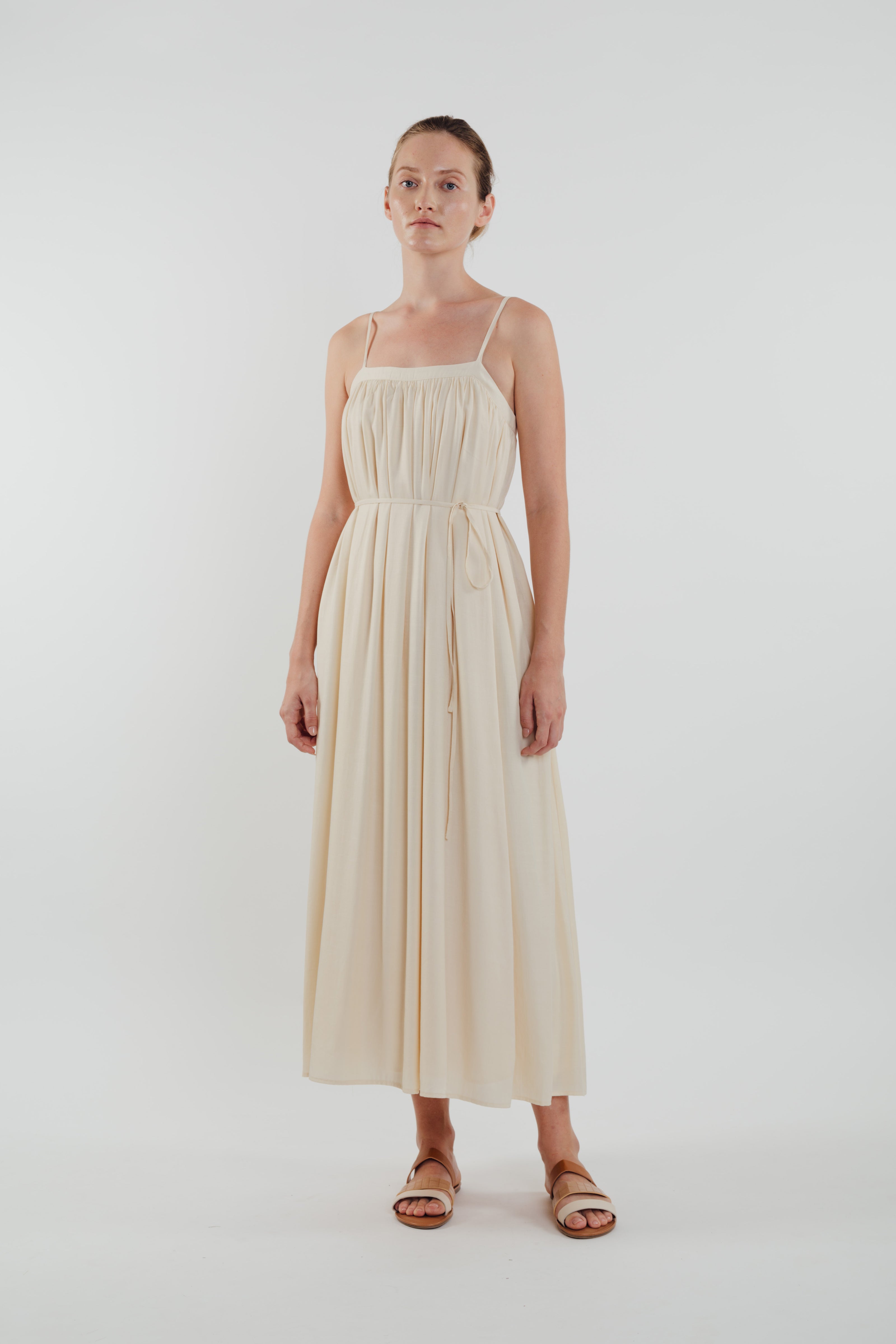 Gathered Midi Dress in Ecru