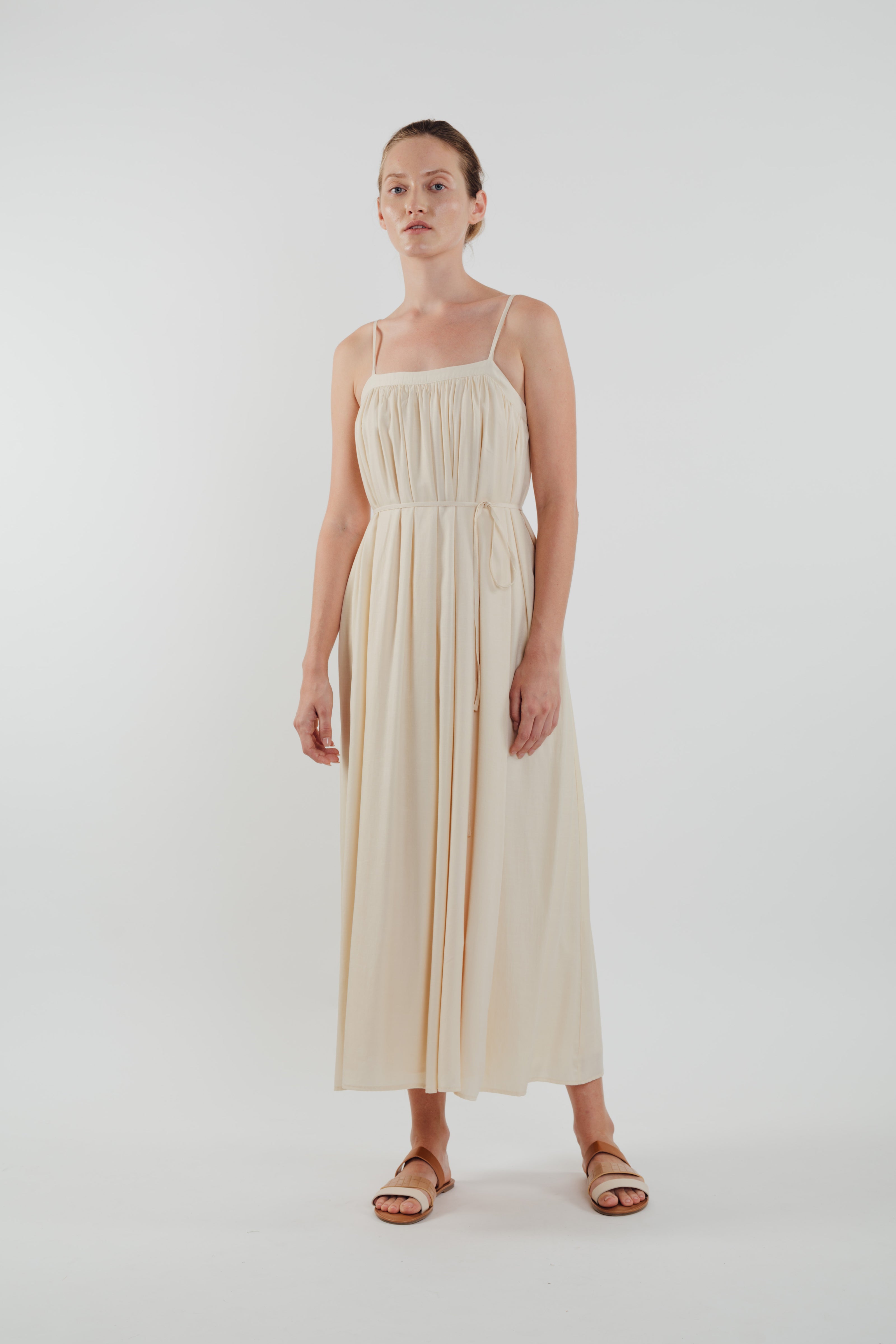 Gathered Midi Dress in Ecru