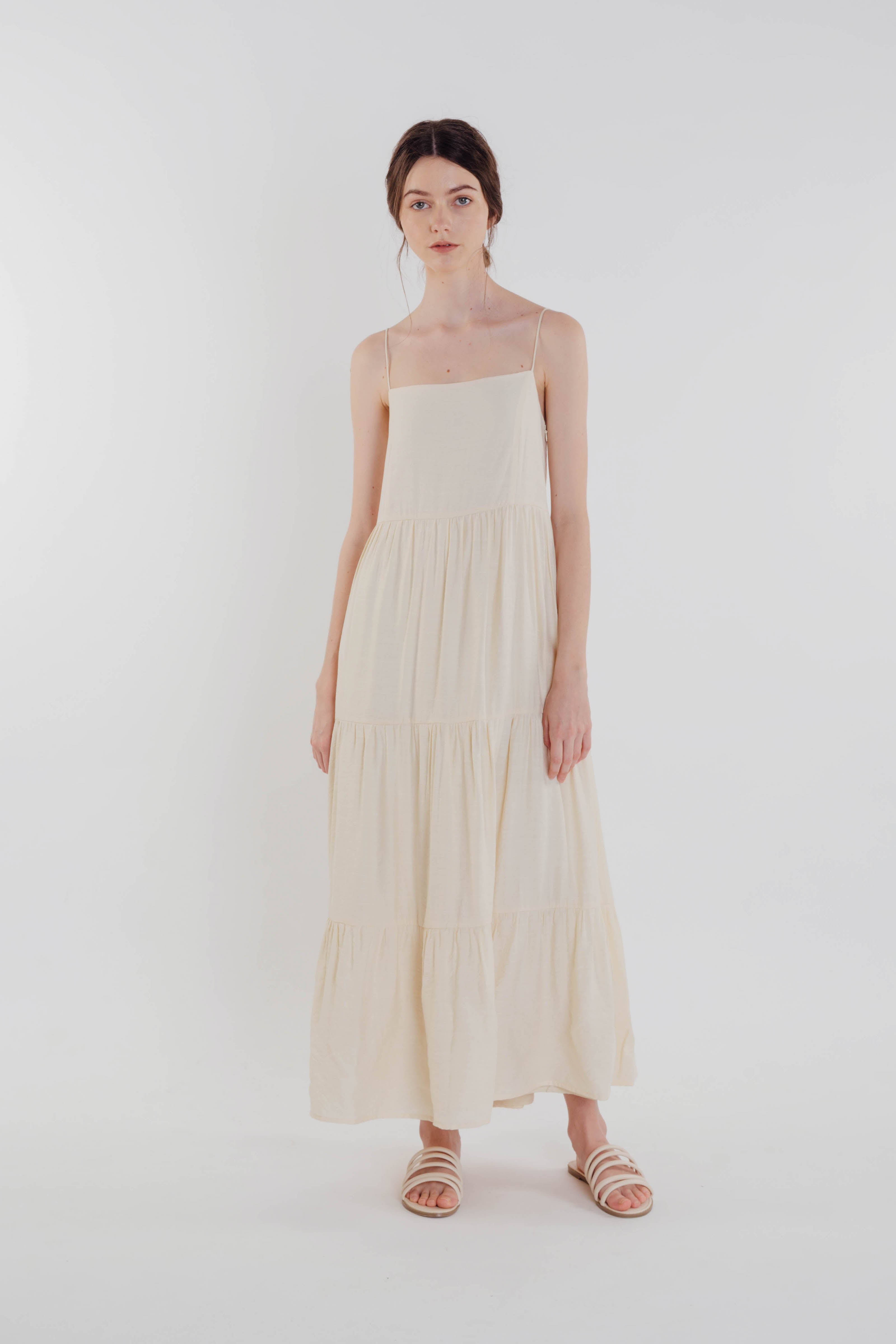 Tencel Tiered Maxi Dress in Soft Yellow