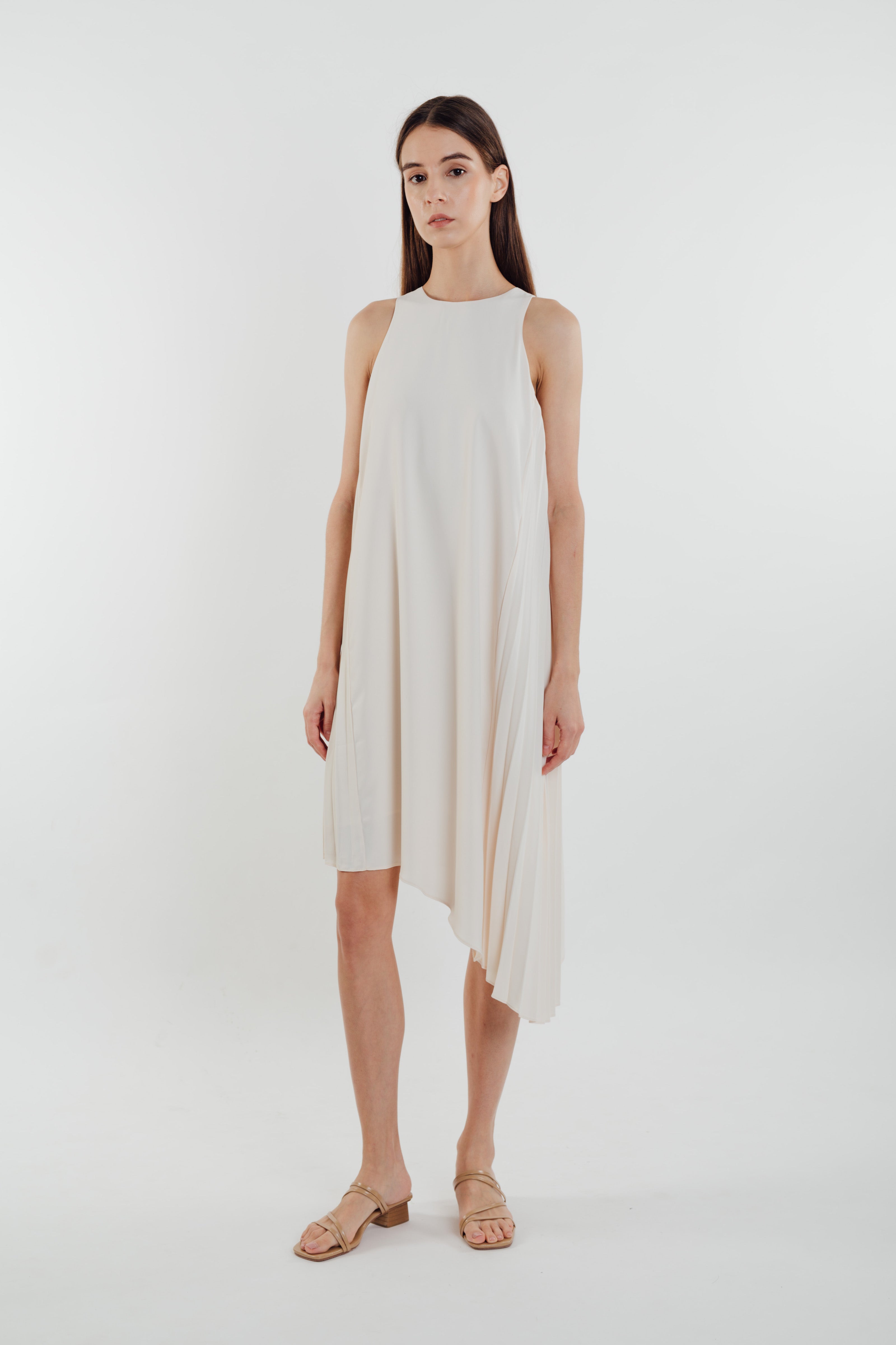 Asymmetric Pleated Dress in Pearl