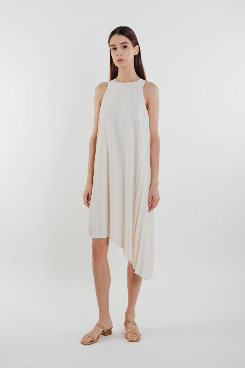 Asymmetric Pleated Dress in Pearl