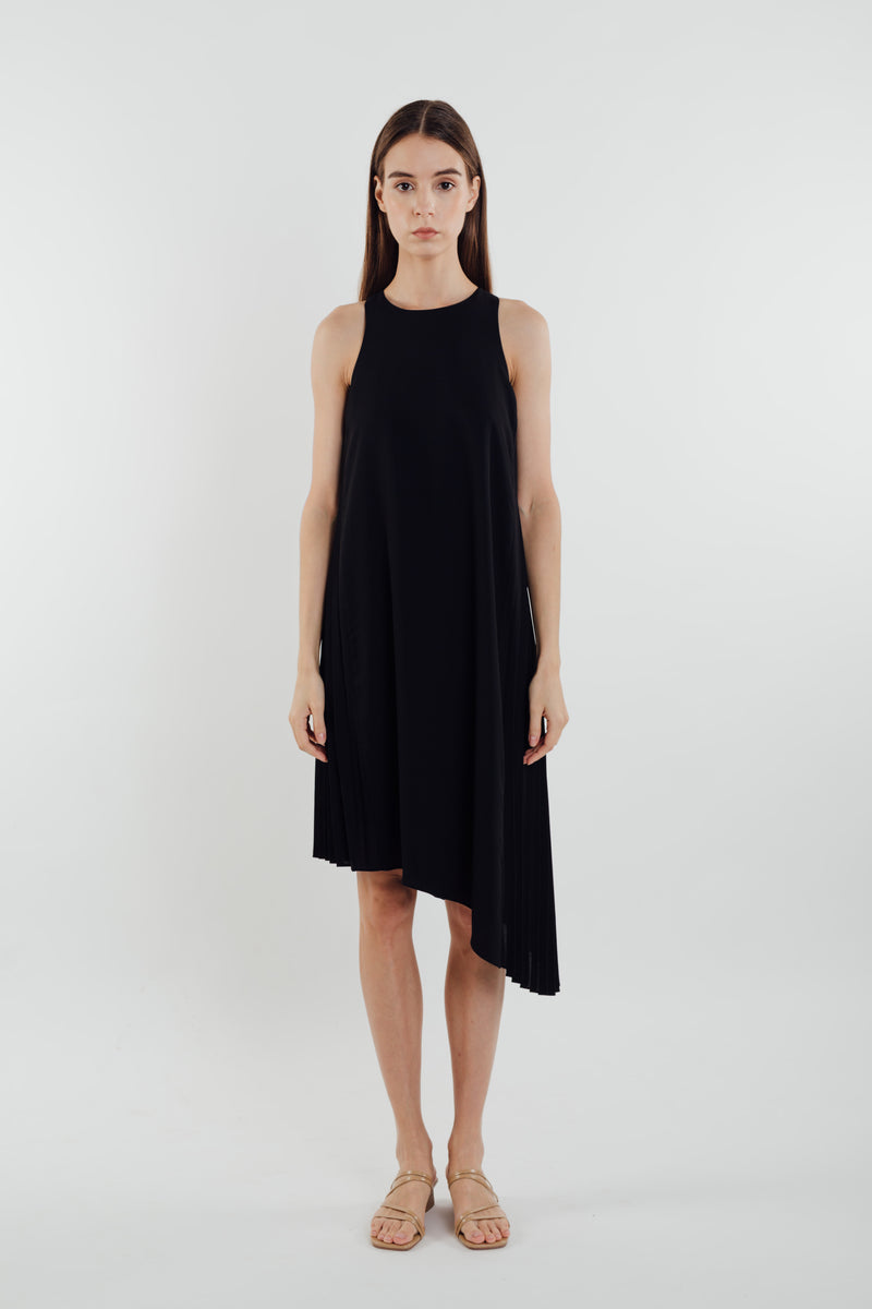 Asymmetric Pleated Dress in Black
