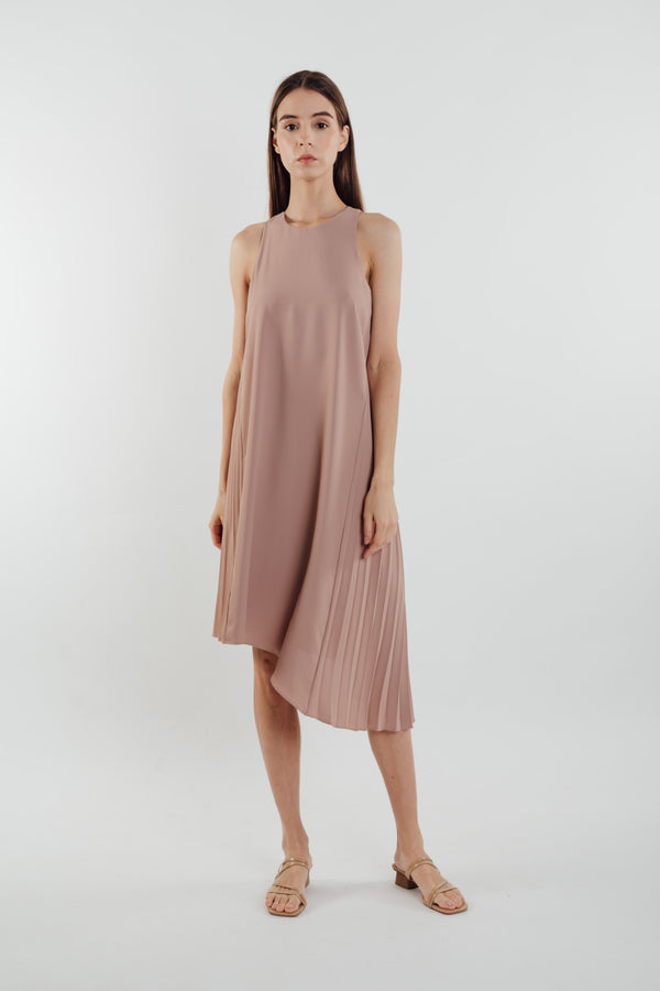 Asymmetric Pleated Dress in Muted Rose