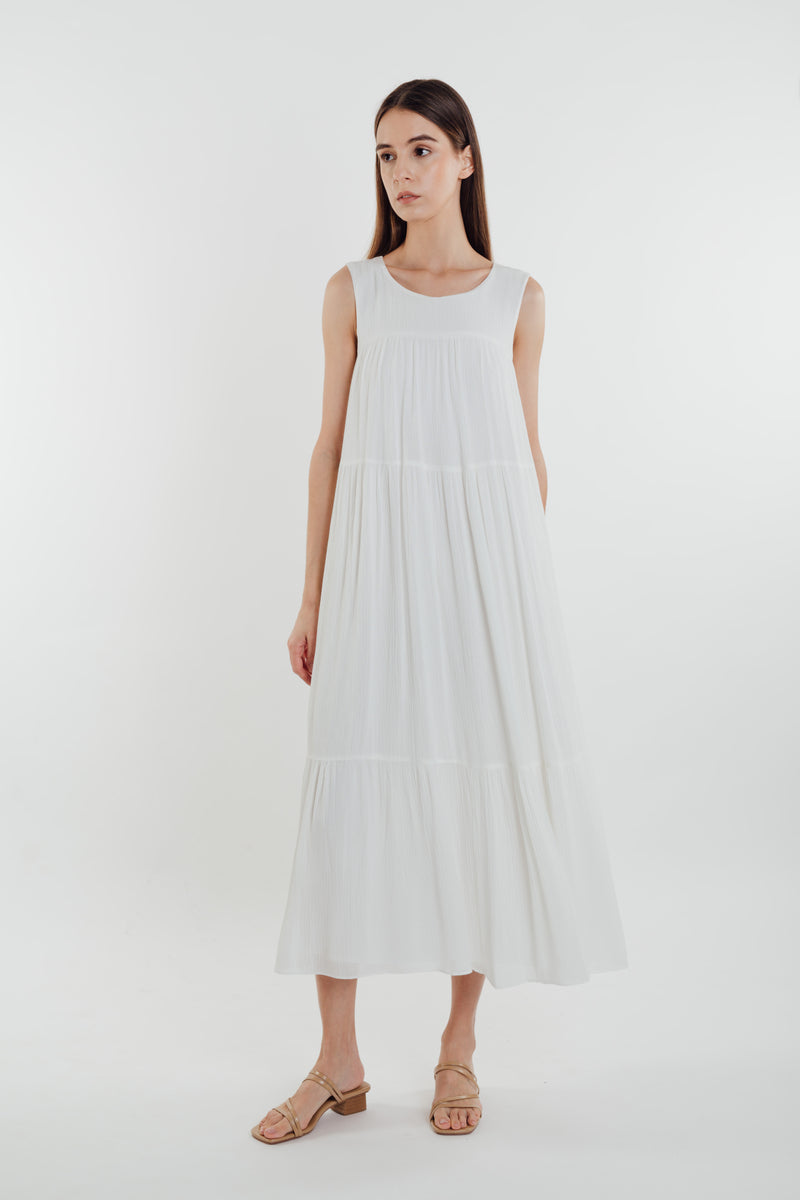 Tiered Textured Crepe Maxi Dress in White