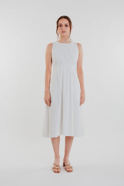 Box Pleated Midi Dress in White