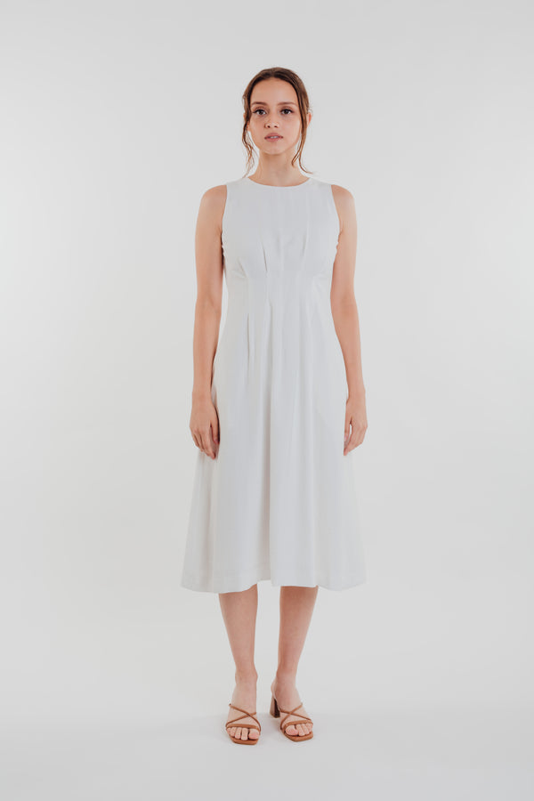Box Pleated Midi Dress in White