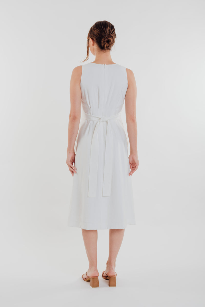 Box Pleated Midi Dress in White