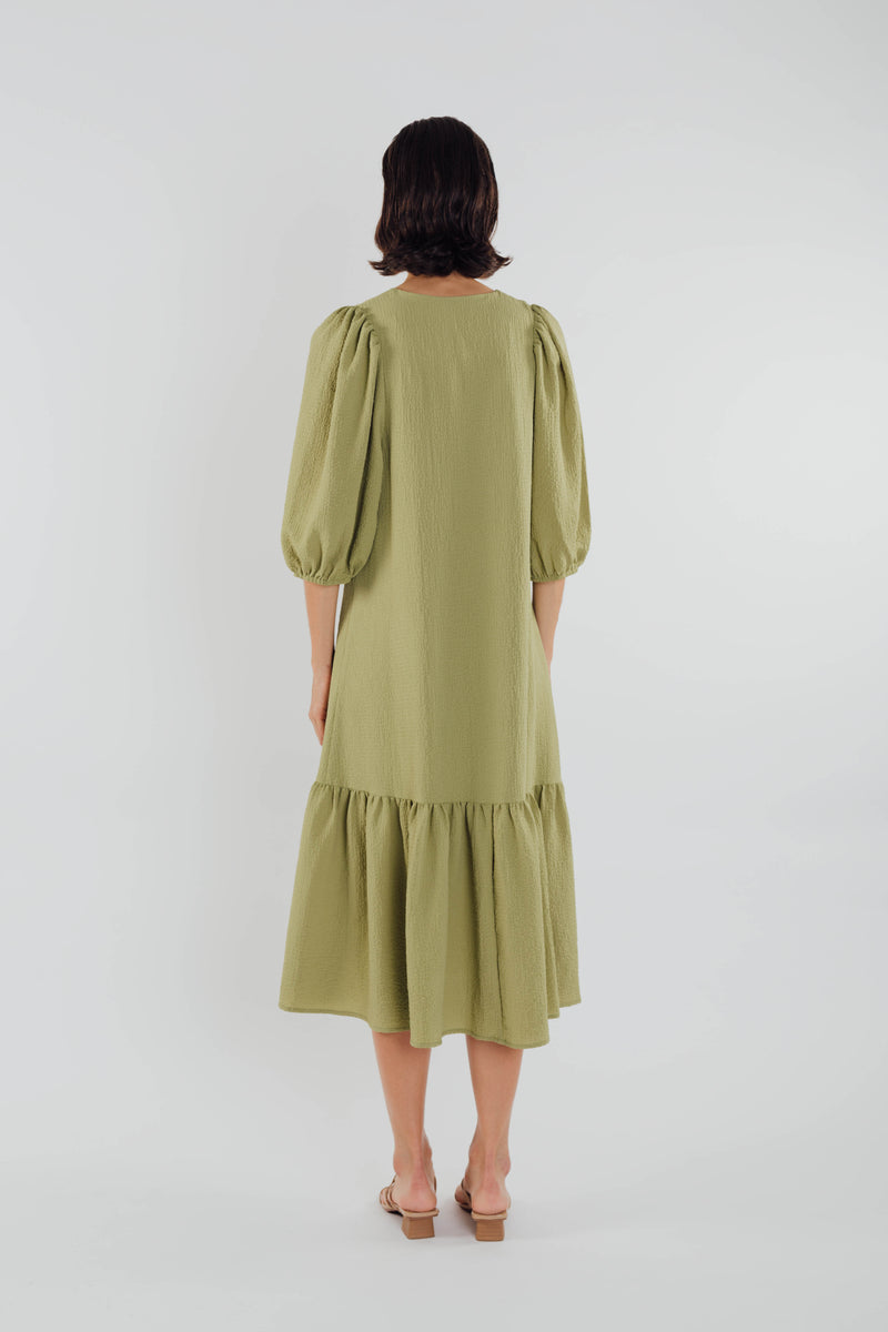 V-neck Midi Dress with Puffed Sleeves in Olive