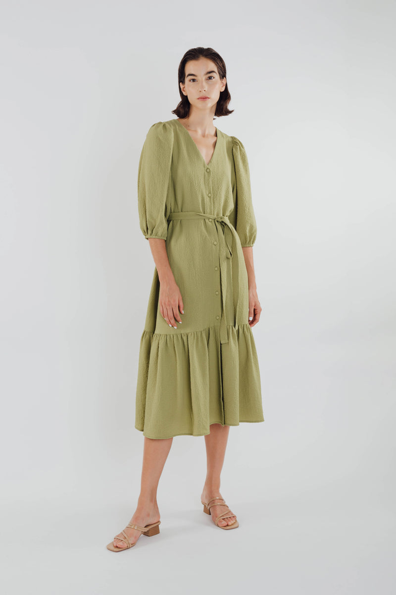 V-neck Midi Dress with Puffed Sleeves in Olive