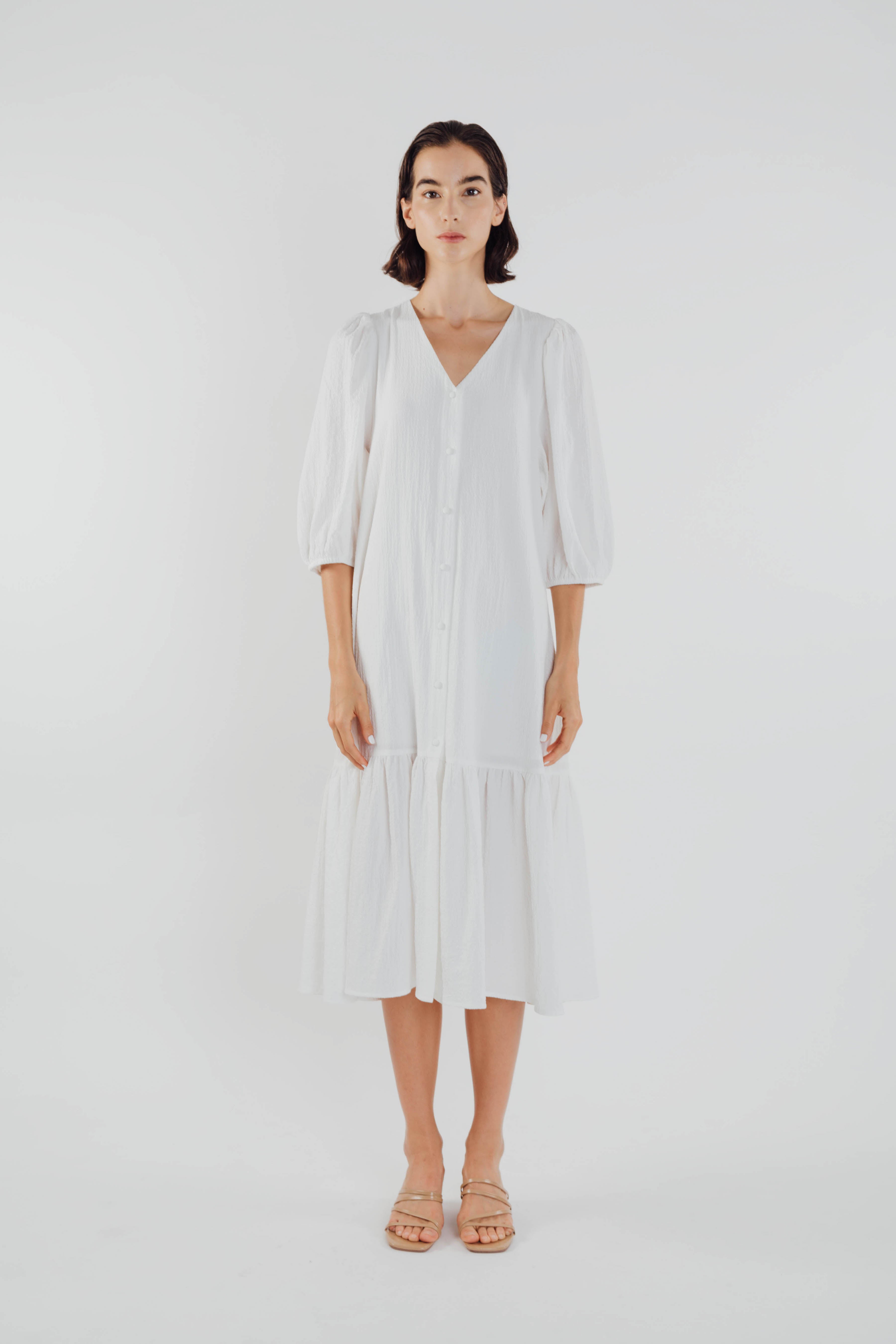 V-neck Midi Dress with Puffed Sleeves in White