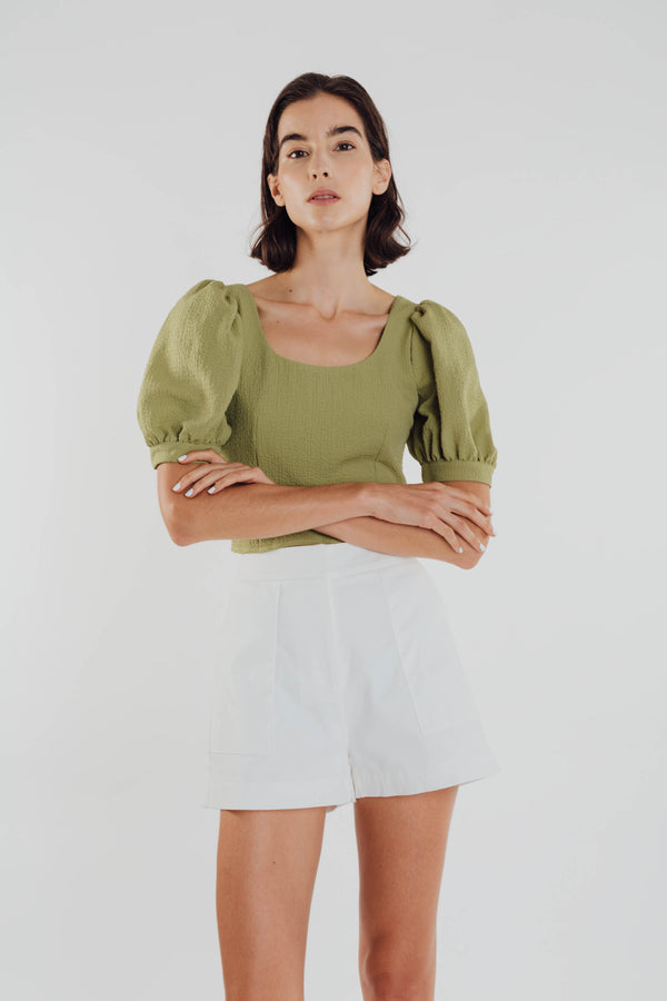 Puffed Sleeved Textured Top in Olive
