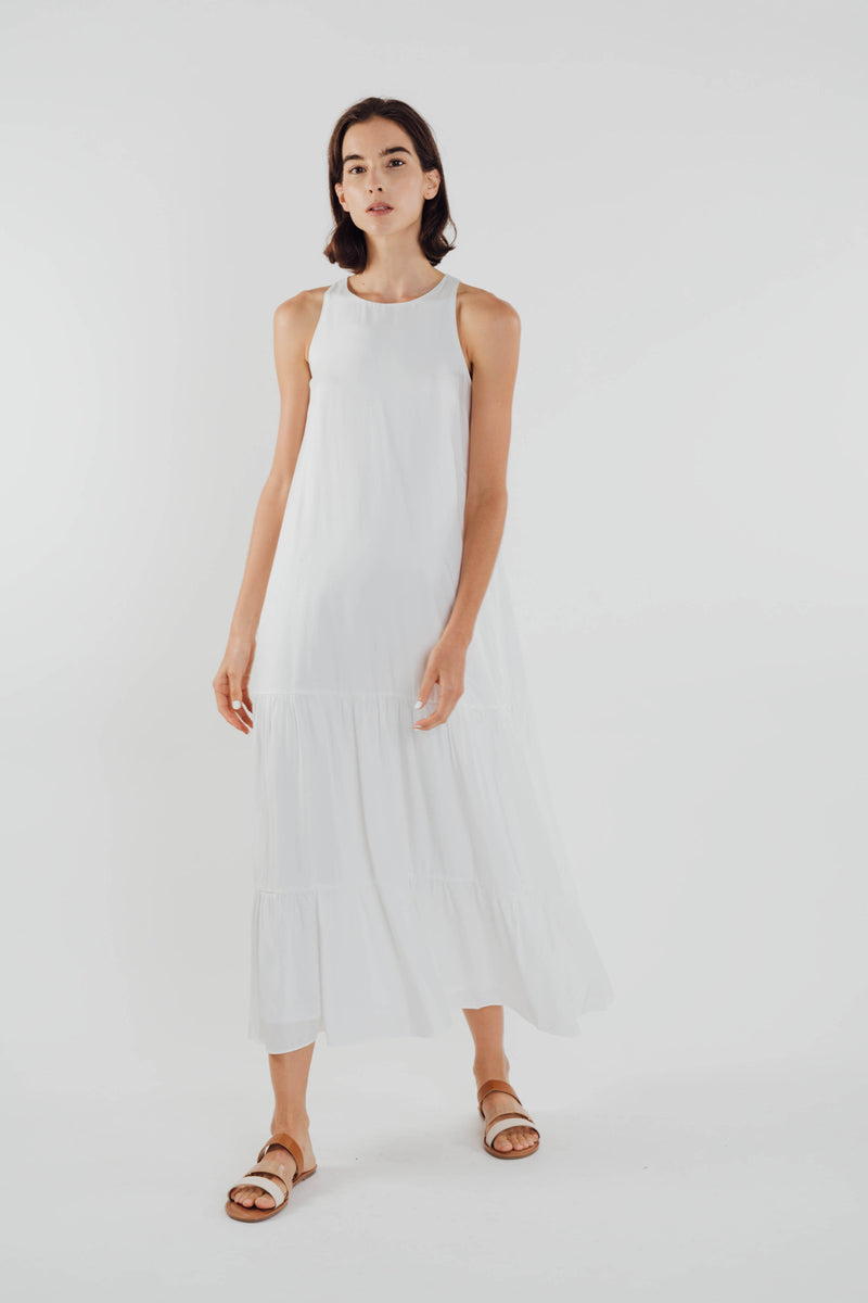 Cotton Blend Tiered Maxi Dress in White