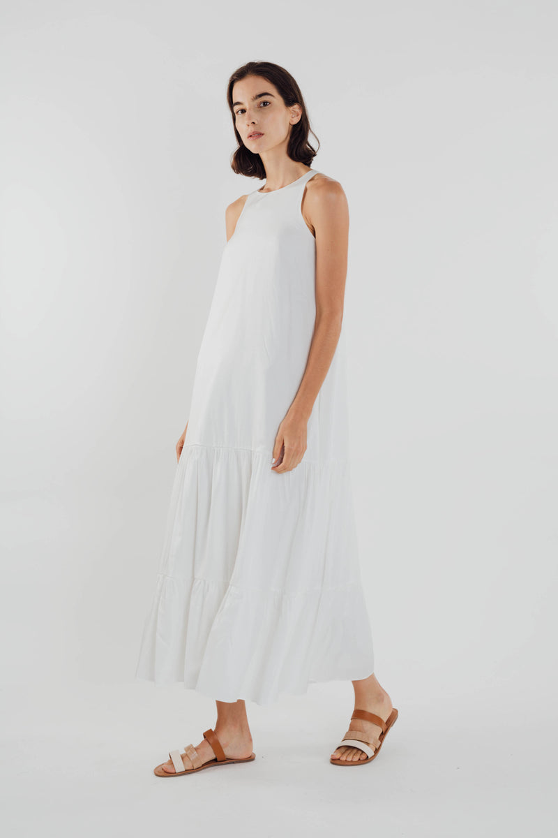 Cotton Blend Tiered Maxi Dress in White