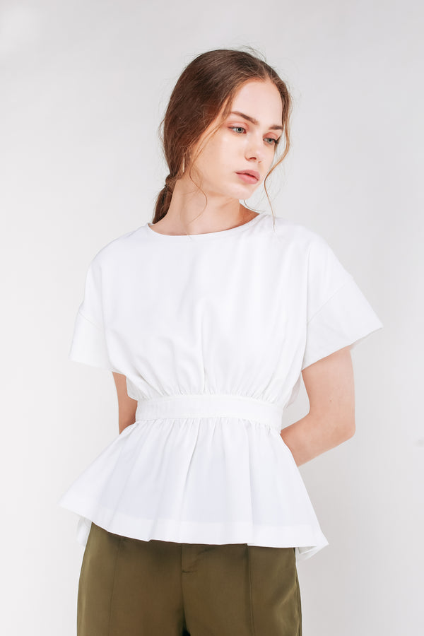 Short Sleeved Peplum Top With Sash In White