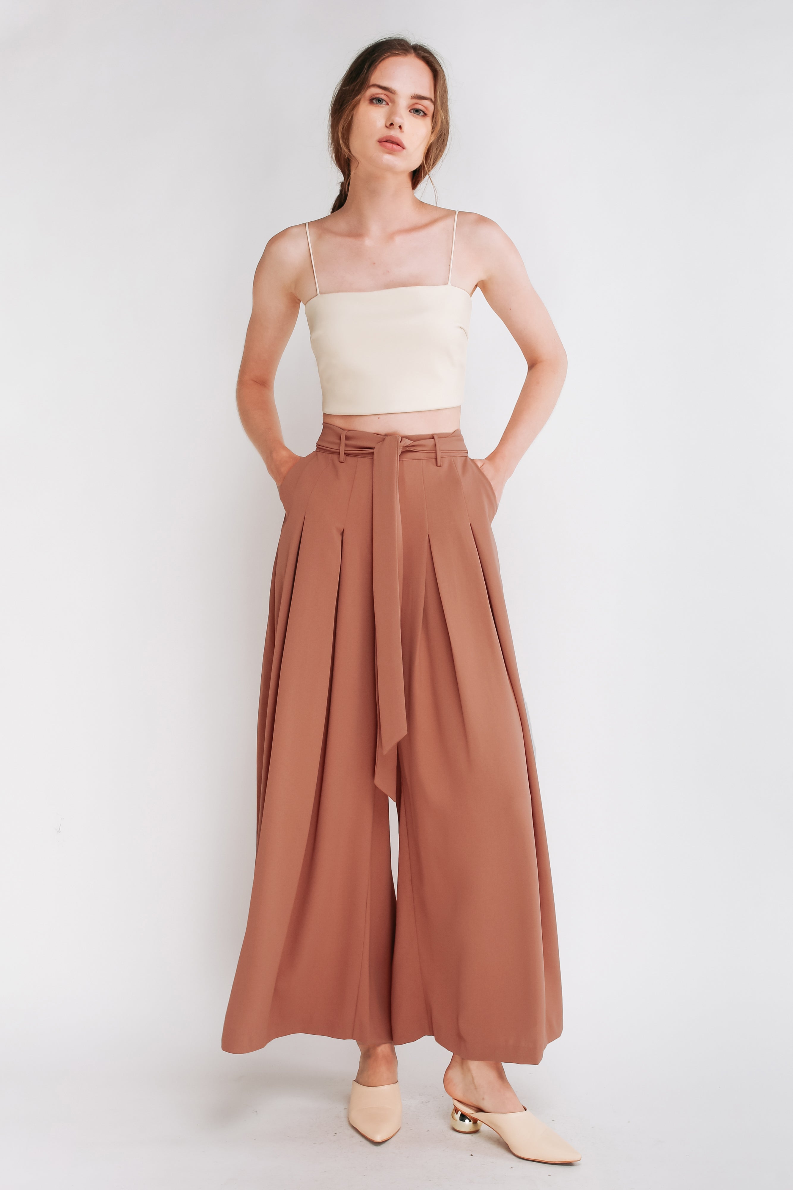 Tie Front Wide Leg Palazzos In Rose pink