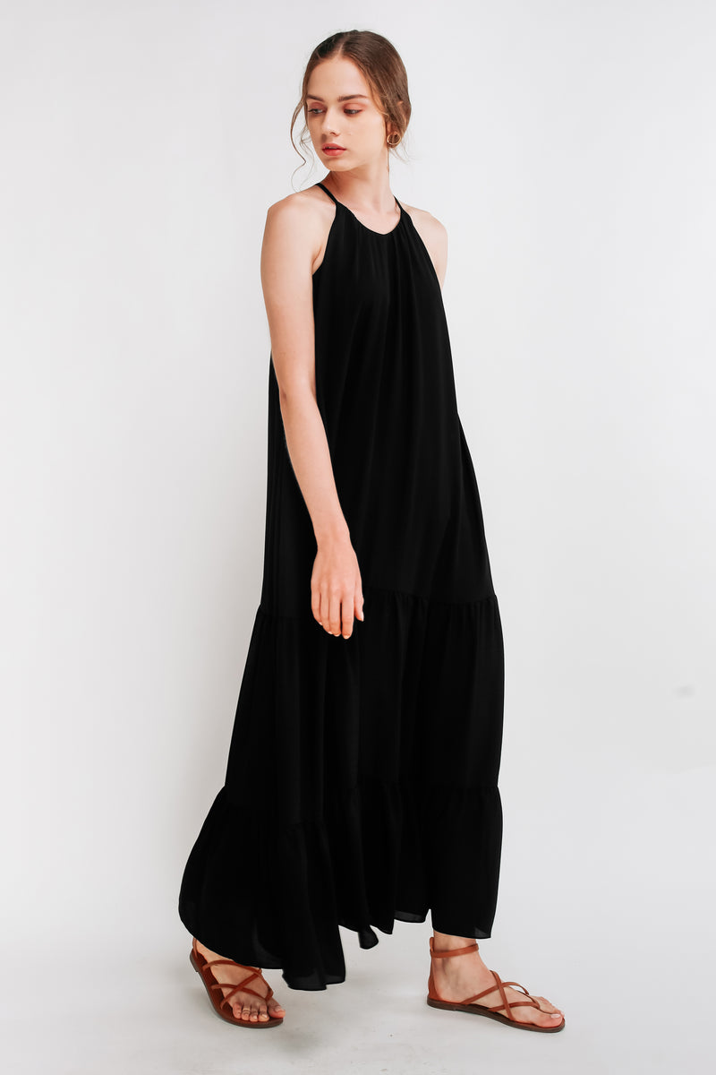 Tiered A-Line Maxi Dress in Black