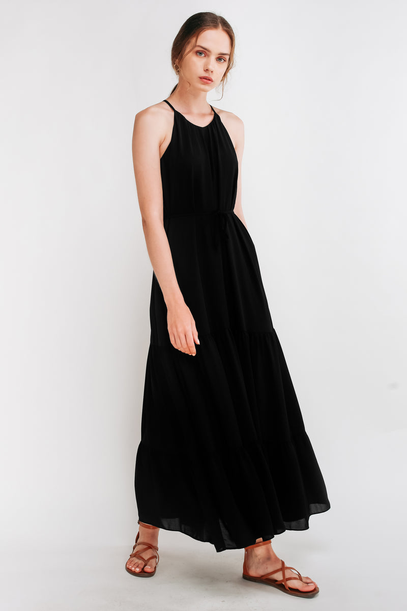 Tiered A-Line Maxi Dress in Black