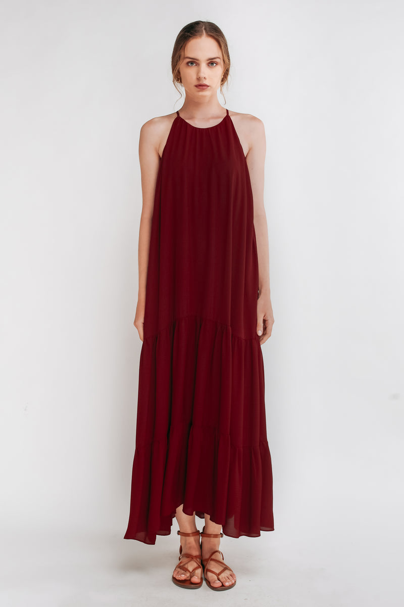 Tiered A-Line Maxi Dress in Maroon