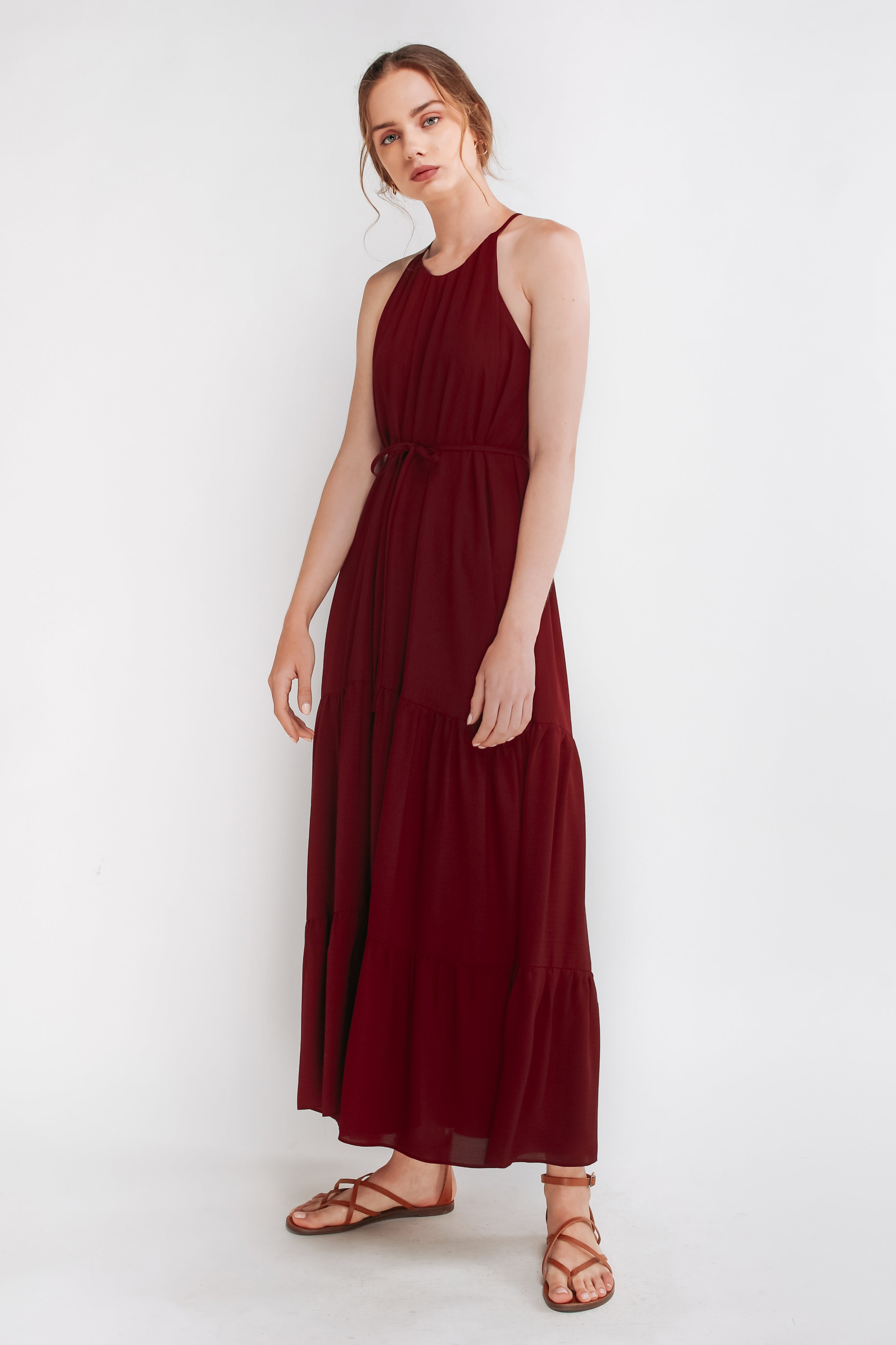 Tiered A-Line Maxi Dress in Maroon