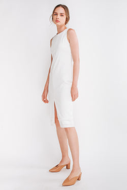 Front Slit Midi Dress W Fringe Detailing In White